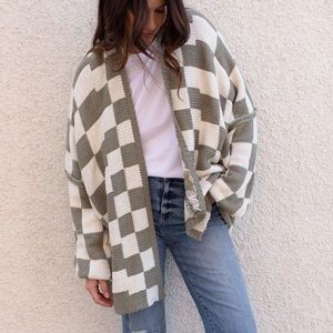 Carly Jean Los Angeles Olive and White Checkered Cardigan